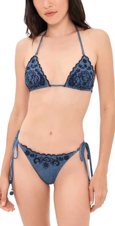 Zimmermann Aster Paisley Embroidered Denim Two-piece Swimsuit In Blue