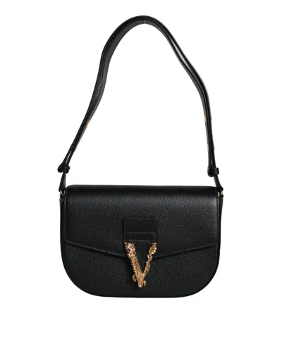 Versace Black Grainy Calf Leather Logo Crossbody Shoulder Bag In Black
