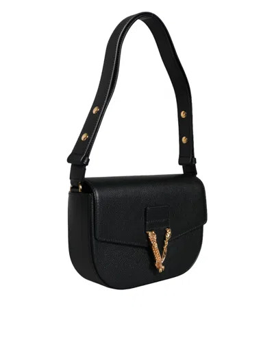 Versace Black Grainy Calf Leather Logo Crossbody Shoulder Bag In Black