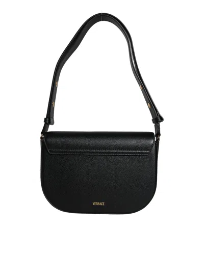 Versace Black Grainy Calf Leather Logo Crossbody Shoulder Bag In Black