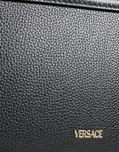 Versace Black Grainy Calf Leather Logo Crossbody Shoulder Bag In Black