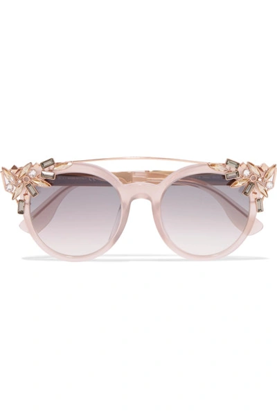 Jimmy Choo Vivy Embellished Round-frame Acetate And Rose Gold-tone Sunglasses In Blush