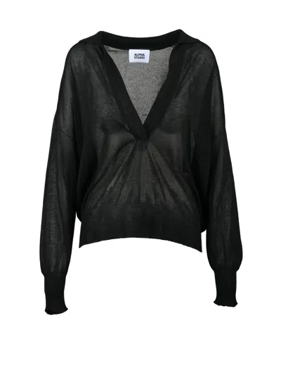 Alpha Studio Black Viscose Polyester Oversized Polo Shirt In Black