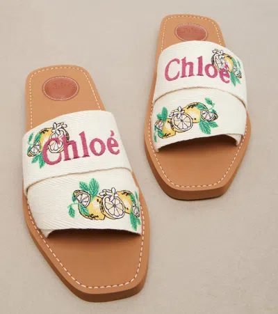 Chloé Mini Ribbons Embroidered Citrus Motif Sandals In White