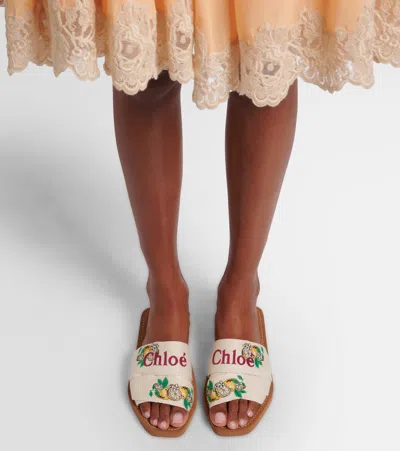 Chloé Mini Ribbons Embroidered Citrus Motif Sandals In White