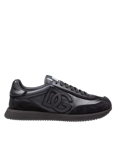 Dolce & Gabbana Round Toe Leather Sneakers With Suede Accents In Black