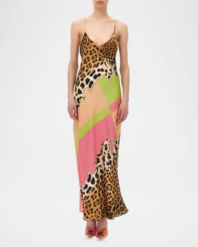 Roberto Cavalli Colorblock Jaguar-print Silk Maxi Slip Dress In Multi