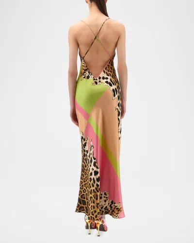 Roberto Cavalli Colorblock Jaguar-print Silk Maxi Slip Dress In Multi