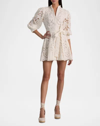 Alice And Olivia Lucy Embroidered Longsleeve Mini Shirt Dress With Tie Belt In White