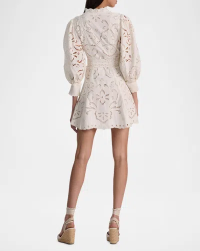 Alice And Olivia Lucy Embroidered Longsleeve Mini Shirt Dress With Tie Belt In White
