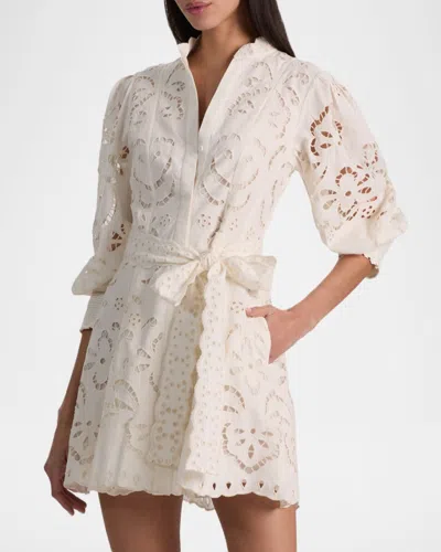 Alice And Olivia Lucy Embroidered Longsleeve Mini Shirt Dress With Tie Belt In White