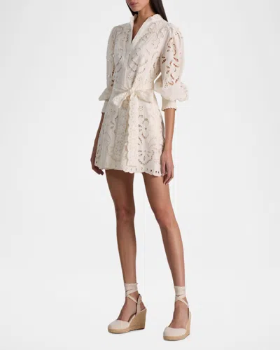 Alice And Olivia Lucy Embroidered Longsleeve Mini Shirt Dress With Tie Belt In White