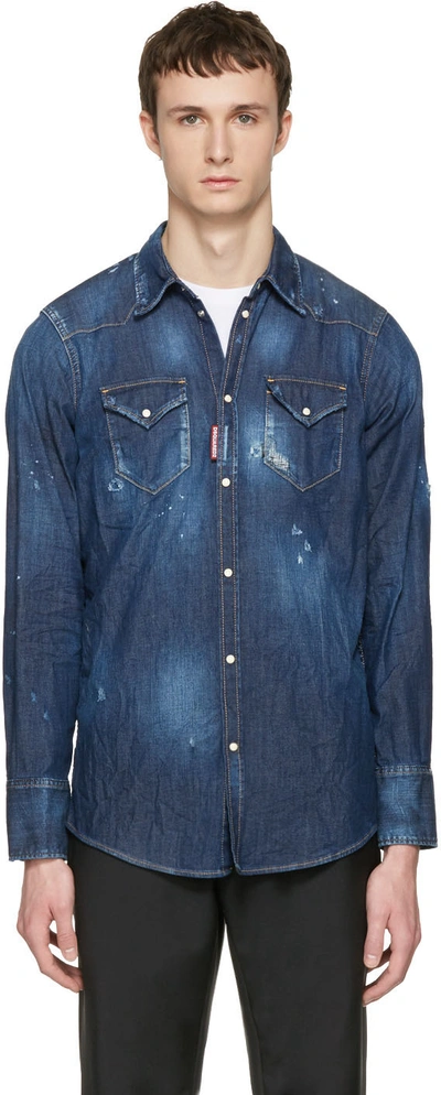 Dsquared2 Studded Cotton Denim Western Shirt, Blue