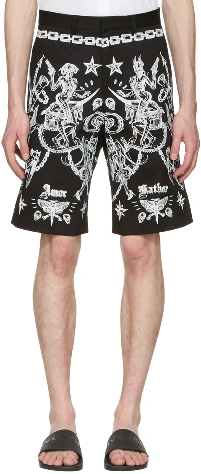Givenchy Tattoo Printed Cotton Twill Shorts In Black
