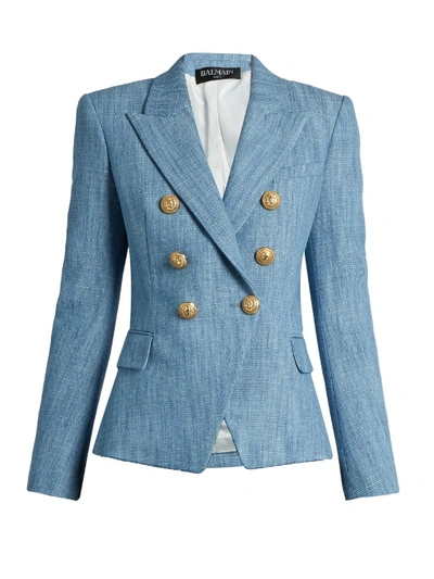 Balmain Double-breasted Cotton-blend Tweed Blazer In Sky-blue