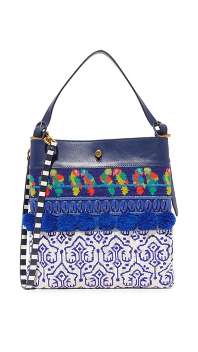 Tory Burch Beaded Parrot Tote In Navy Sea