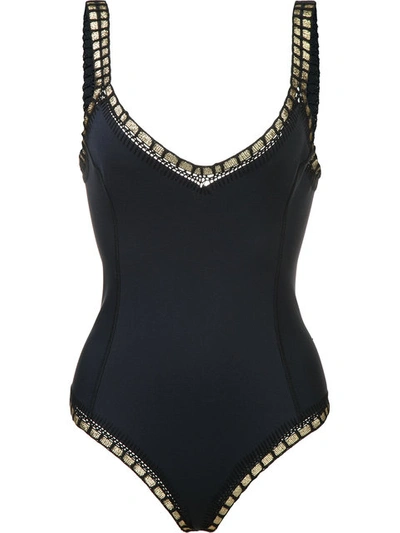 Kiini 'chacha' Metallic Crochet Trim Scoop Back One-piece Swimsuit In Black/gold