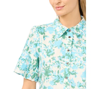Cece Ruff Cuff Cropped Button Down Linen-blend Shirt In Green