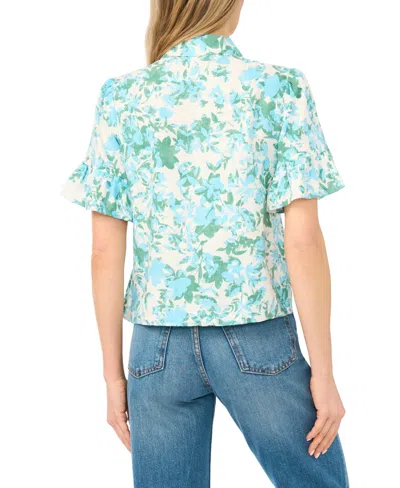 Cece Ruff Cuff Cropped Button Down Linen-blend Shirt In Green