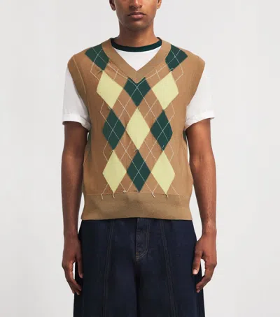Ami Alexandre Mattiussi Brown Wool And Cotton Argyle Intarsia Sleeveless Sweater Beige