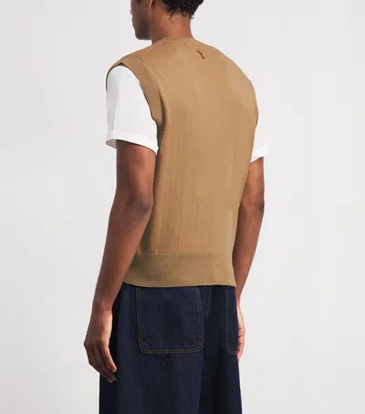 Ami Alexandre Mattiussi Brown Wool And Cotton Argyle Intarsia Sleeveless Sweater Beige