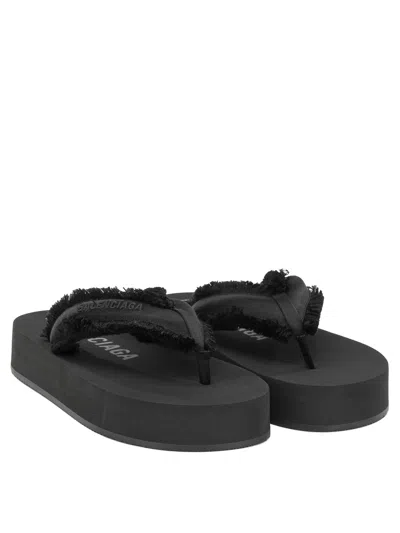 Balenciaga Fringed Strap Logo Embroidered Sandals For Women In Black
