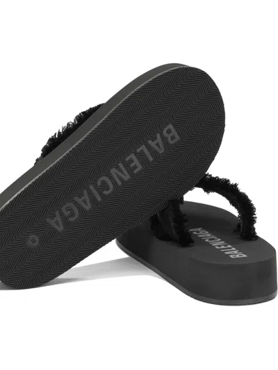 Balenciaga Fringed Strap Logo Embroidered Sandals For Women In Black