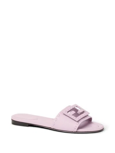 Fendi Baguette Ff Leather Buckle Flat Slide Sandals In Pink