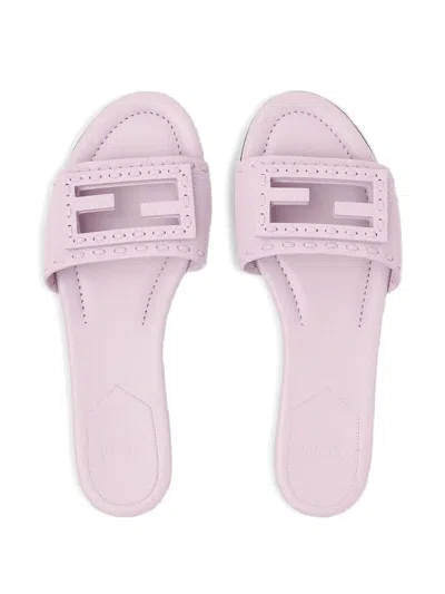 Fendi Baguette Ff Leather Buckle Flat Slide Sandals In Pink