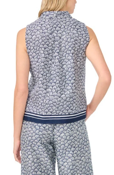 Cece Shell Print Stretch Cotton Button-up Top In Blue