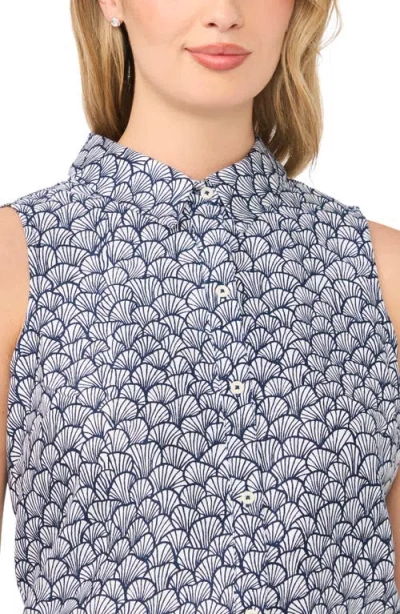 Cece Shell Print Stretch Cotton Button-up Top In Blue