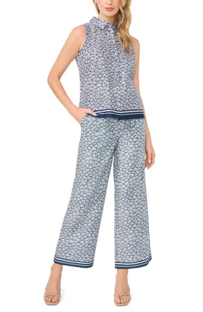 Cece Shell Print Stretch Cotton Button-up Top In Blue