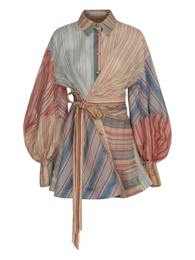Zimmermann Rebellion Multicolor Midi Dress With Bow Detail On The Front And All-over Striped Motif In Linen And In Multi