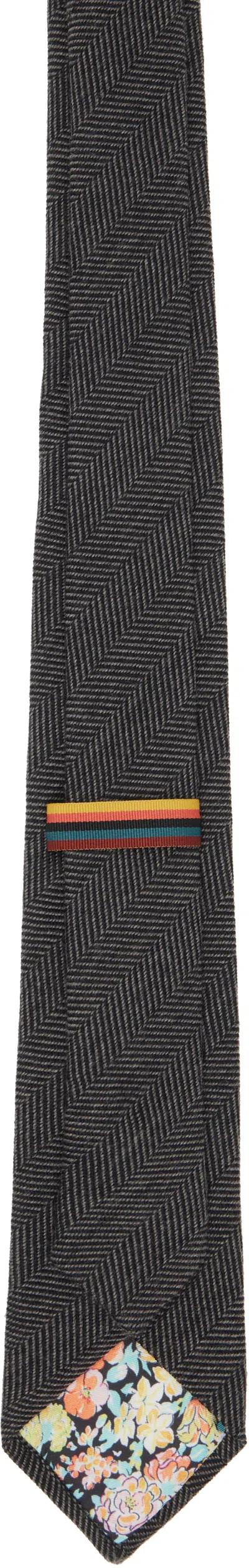 Paul Smith Gray Herringbone Tie In Black
