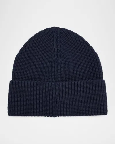 Moncler L Beanie Hat With Logo Patch In Blue
