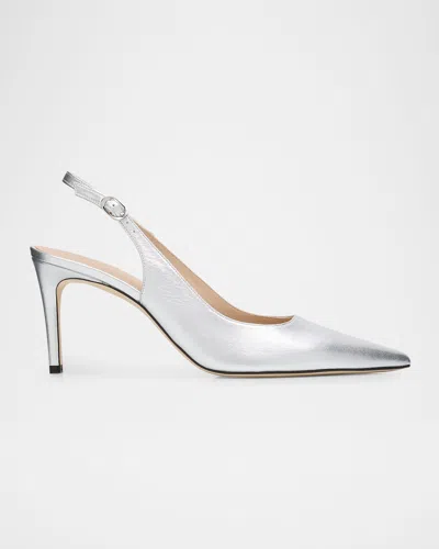 Stuart Weitzman 75mm Stuart Power Metallic Leather Slingback Pumps In Silver