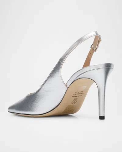 Stuart Weitzman 75mm Stuart Power Metallic Leather Slingback Pumps In Silver
