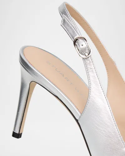 Stuart Weitzman 75mm Stuart Power Metallic Leather Slingback Pumps In Silver