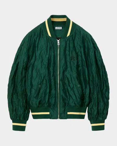 Loewe Womens Dark Green Crinkled-texture Striped-trim Woven Bomber Jacket