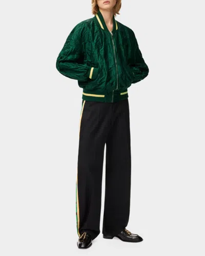 Loewe Womens Dark Green Crinkled-texture Striped-trim Woven Bomber Jacket