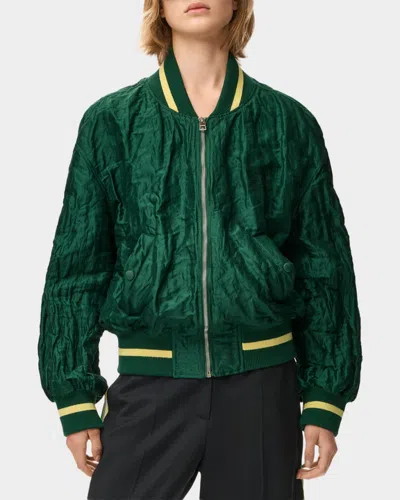 Loewe Womens Dark Green Crinkled-texture Striped-trim Woven Bomber Jacket