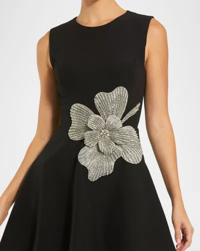 Mac Duggal Crepe Sleeveless Rhinestone Flower Detail Mini Dress In Black
