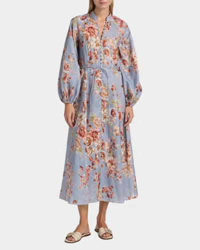 Zimmermann Womens Chambray Floral Billow Long-sleeve Linen Maxi Dress Xxs In Multi