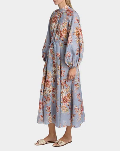 Zimmermann Womens Chambray Floral Billow Long-sleeve Linen Maxi Dress Xxs In Multi