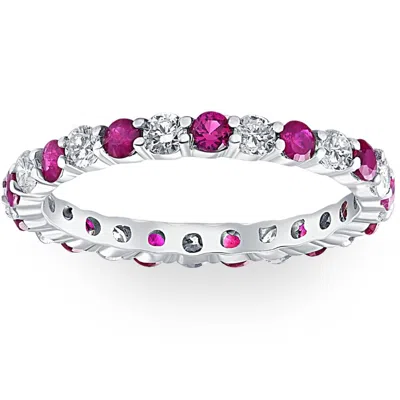 Pompeii3 1 Cttw Ruby & Diamond Wedding Eternity Stackable Ring 10k White Gold In Metallic