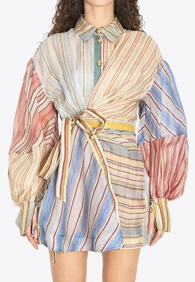 Zimmermann Rebellion Multicolor Midi Dress With Bow Detail On The Front And All-over Striped Motif In Linen And In Multi