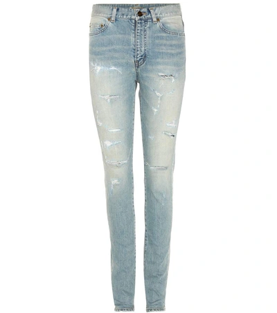 Saint Laurent Distressed Skinny Jeans In Dirty Light Llue