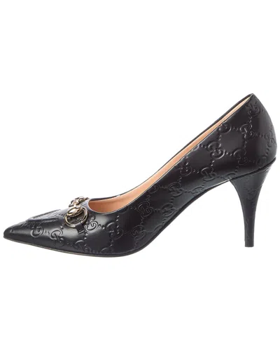 Gucci High-heeled Leather Slip-on Shoe With Monogram Design In Black