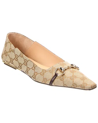 Gucci Vittoria Horsebit-detail Gg-pattern Ballet Flats In Neutral