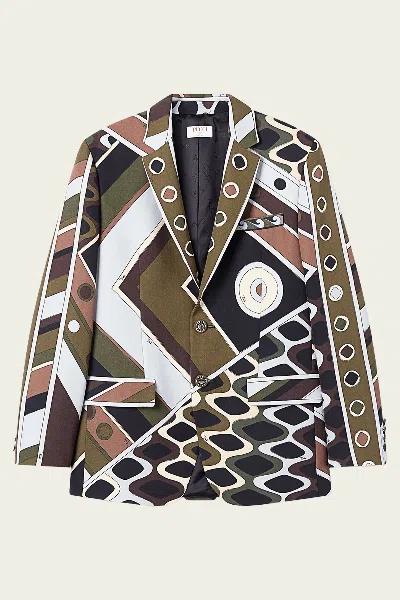 Pucci Vivara-print Oversized Jacket In Khaki Blue In Multi